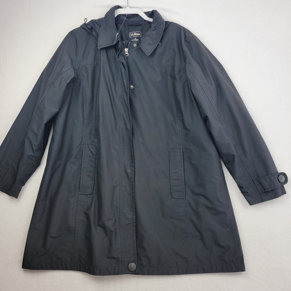 LL Bean Women Black Rain Jacket Size Large Petite Hooded Mid Removable Liner